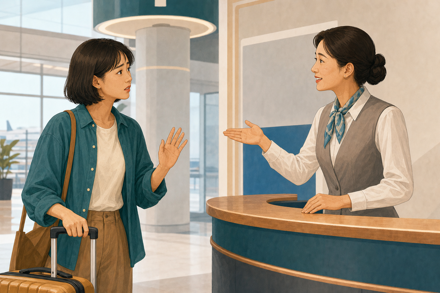 旅客以手勢請職員說慢一點